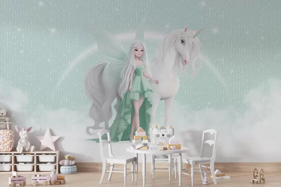 wall murals Вила са једнорогом међу облацима w03527v2