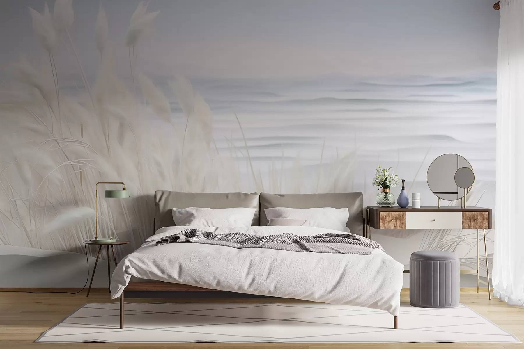 wall murals Пејзаж са белом пампас травом на пешчаној дини, са светлоплавим океаном у позадини, меки, минималистички стил w09132
