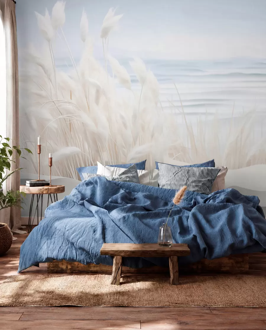 wall murals Пејзаж са белом пампас травом на пешчаној дини, са светлоплавим океаном у позадини, меки, минималистички стил w09132