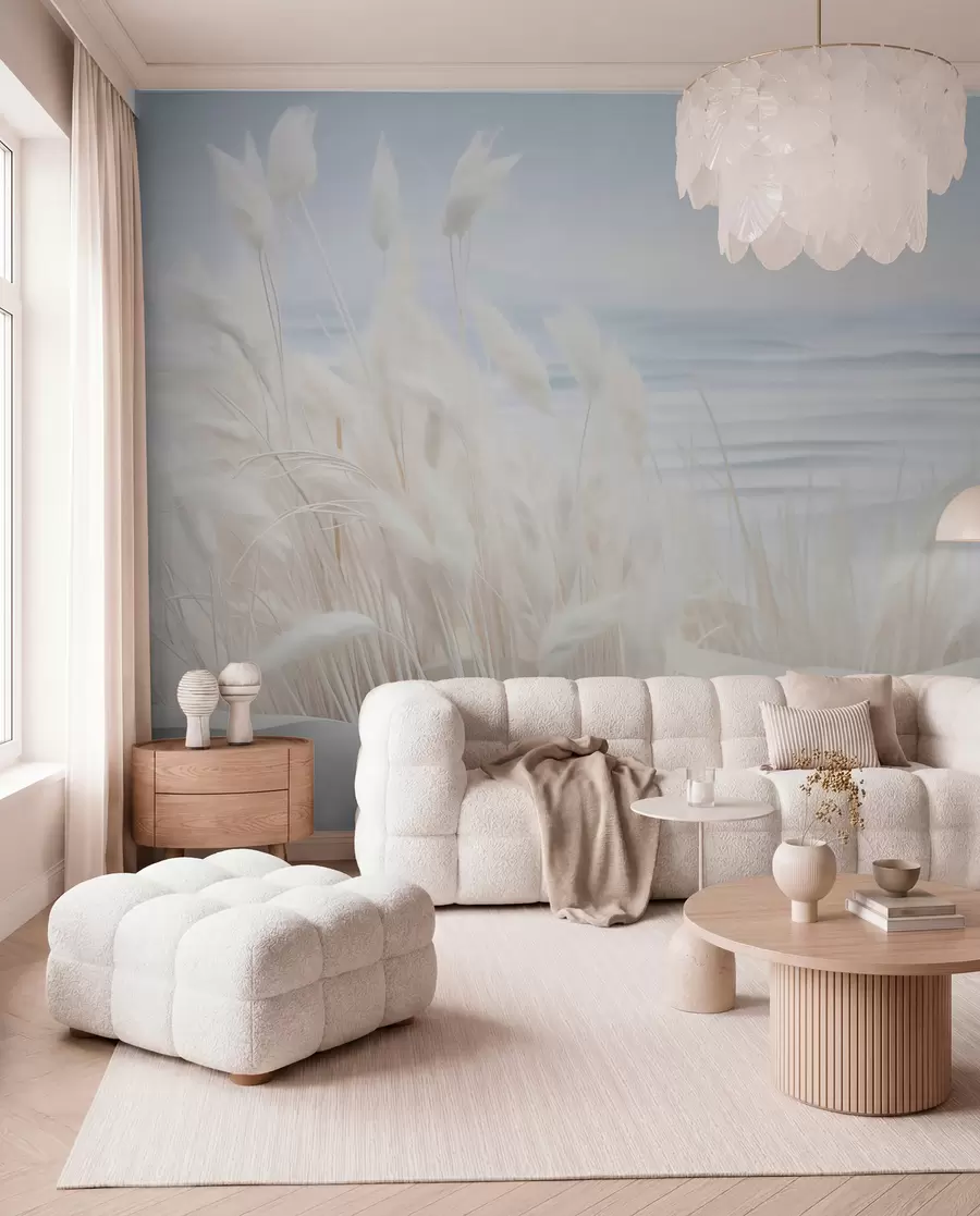 wall murals Пејзаж са белом пампас травом на пешчаној дини, са светлоплавим океаном у позадини, меки, минималистички стил w09132
