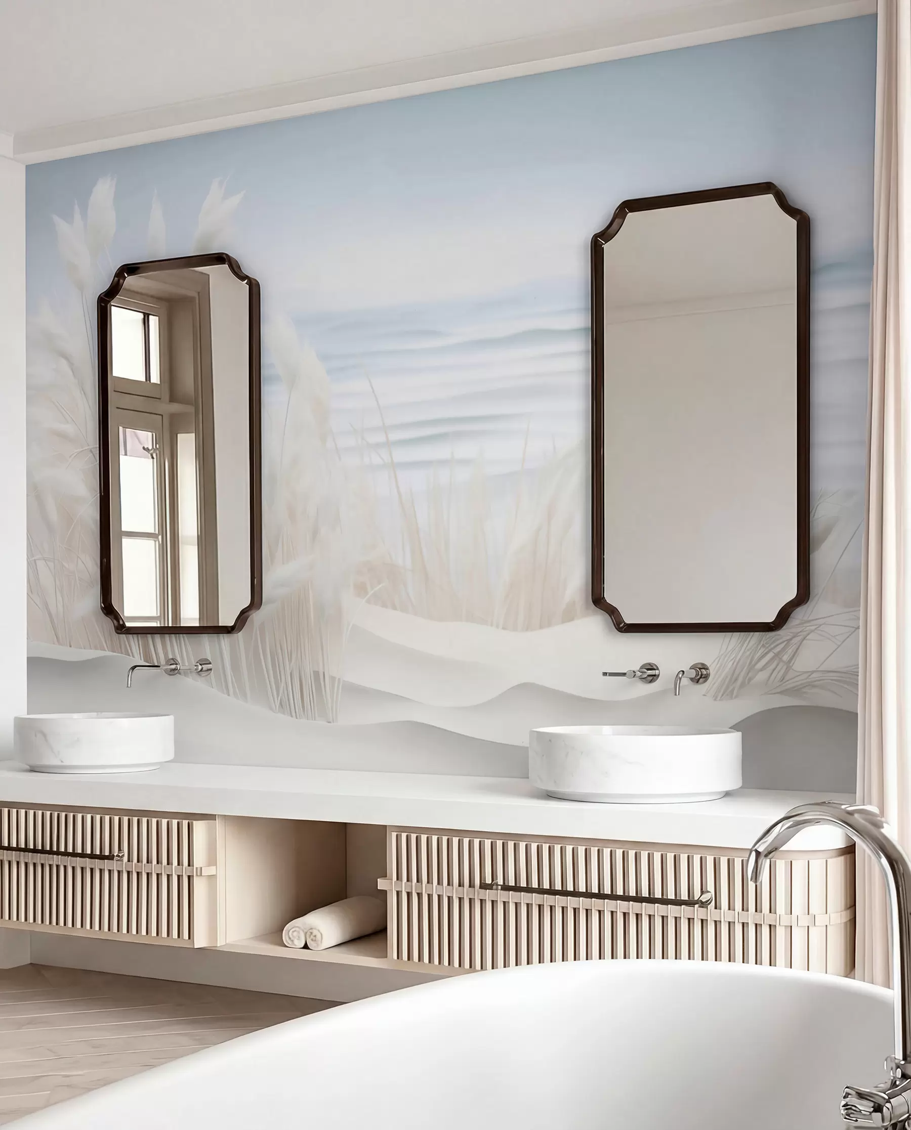 wall murals Пејзаж са белом пампас травом на пешчаној дини, са светлоплавим океаном у позадини, меки, минималистички стил w09132