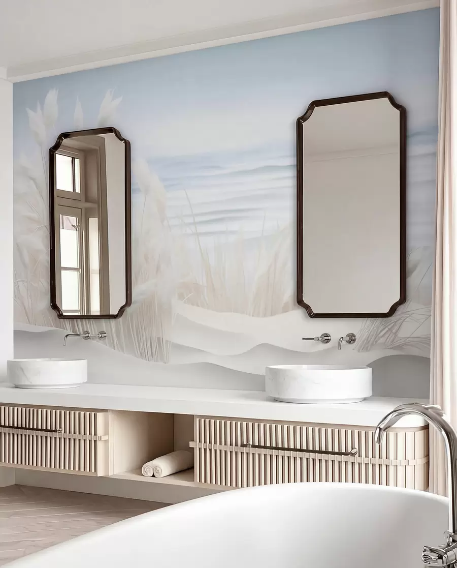 wall murals Пејзаж са белом пампас травом на пешчаној дини, са светлоплавим океаном у позадини, меки, минималистички стил w09132