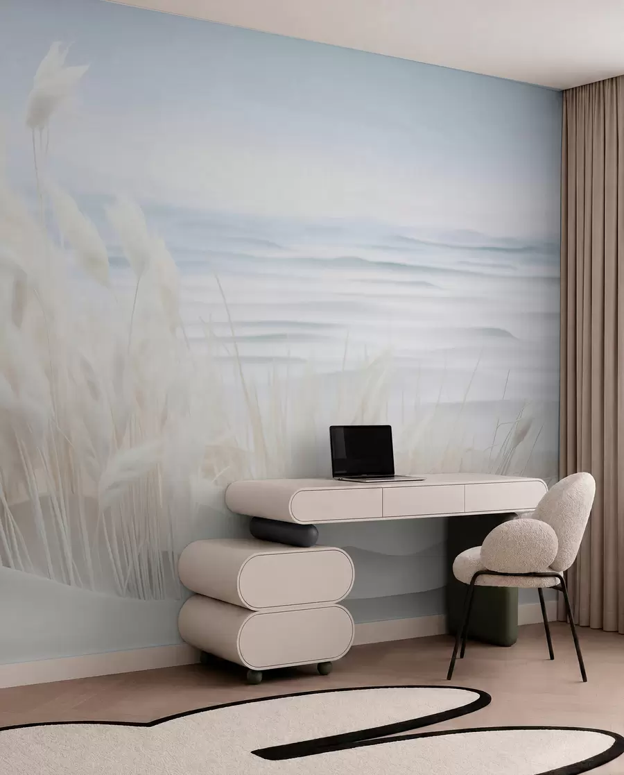 wall murals Пејзаж са белом пампас травом на пешчаној дини, са светлоплавим океаном у позадини, меки, минималистички стил w09132