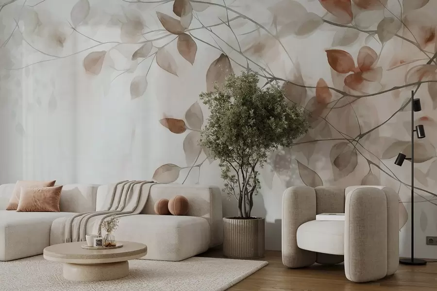 wall murals Текстурна акварелна имитација смеђег лишћа и грана, меке боје, нежни детаљи на белој позадини w09133