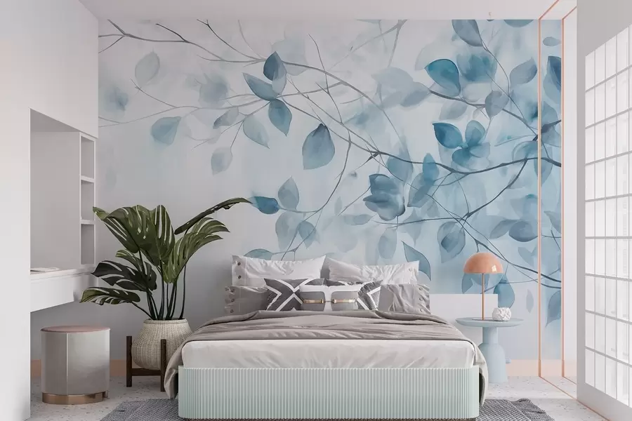 wall murals Текстурна акварелна имитација плавог лишћа и грана, меке боје, нежни детаљи на белој позадини w09133v1