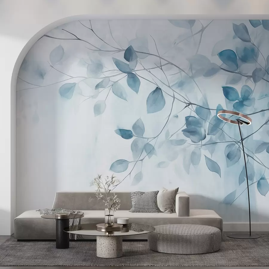 wall murals Текстурна акварелна имитација плавог лишћа и грана, меке боје, нежни детаљи на белој позадини w09133v1