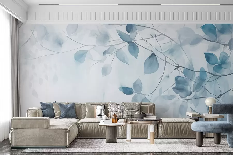 wall murals Текстурна акварелна имитација плавог лишћа и грана, меке боје, нежни детаљи на белој позадини w09133v1