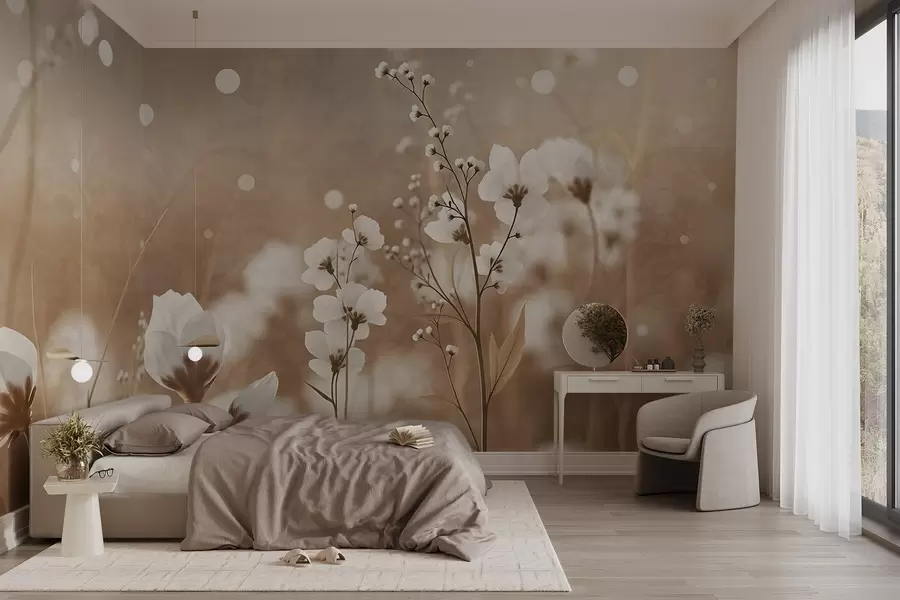 wall murals Бело цвеће са смеђим стабљикама и листовима у пољу, ефекат бокеха, топла палета боја, елегантно уметничко дело инспирисано природом w09135