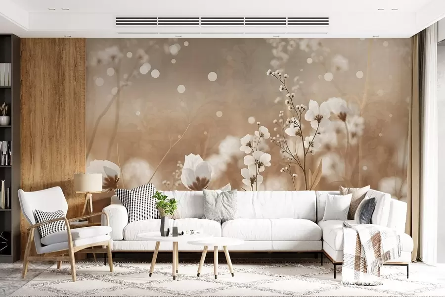 wall murals Бело цвеће са смеђим стабљикама и листовима у пољу, ефекат бокеха, топла палета боја, елегантно уметничко дело инспирисано природом w09135