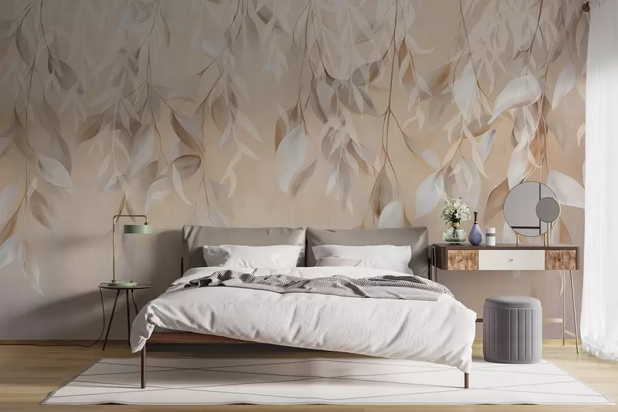 wall murals Висеће текстурирано бело и беж лишће са меком палетом боја, бресквастом, сивом и белом нежном позадином w09136