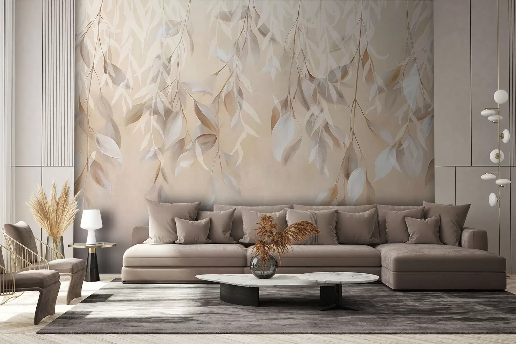 wall murals Висеће текстурирано бело и беж лишће са меком палетом боја, бресквастом, сивом и белом нежном позадином w09136