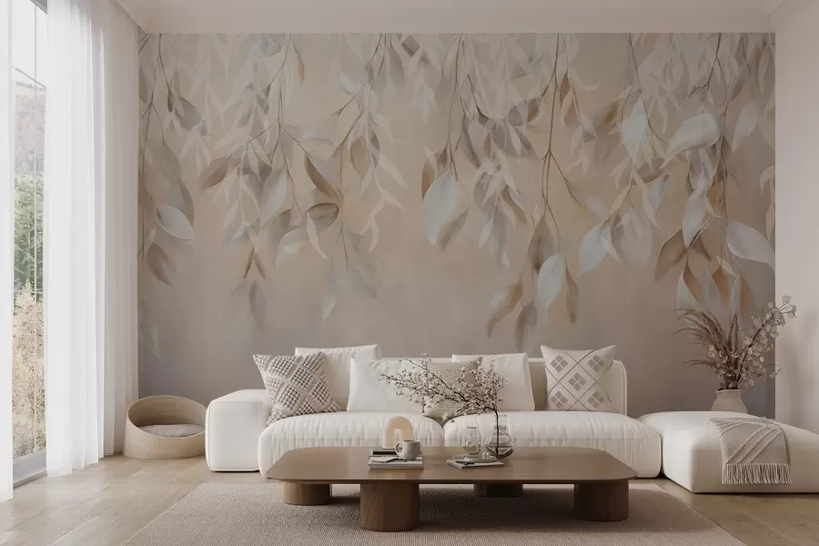 wall murals Висеће текстурирано бело и беж лишће са меком палетом боја, бресквастом, сивом и белом нежном позадином w09136