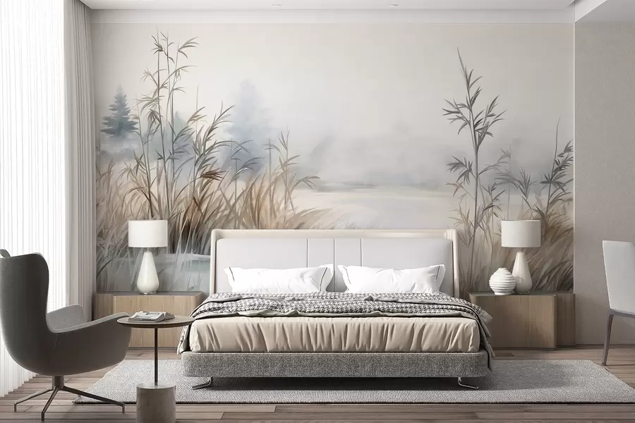 wall murals Текстурирани пејзаж језера са високим травама у првом плану, нежно плавом и смеђом бојом, мирном водом, дрвећем у даљини w09137