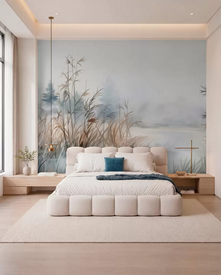 wall murals Текстурирани пејзаж језера са високим травама у првом плану, нежно плавом и смеђом бојом, мирном водом, дрвећем у даљини w09137