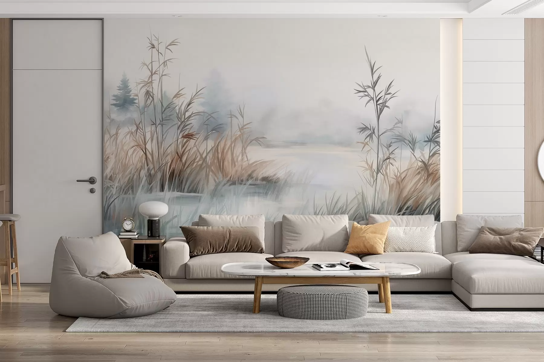 wall murals Текстурирани пејзаж језера са високим травама у првом плану, нежно плавом и смеђом бојом, мирном водом, дрвећем у даљини w09137