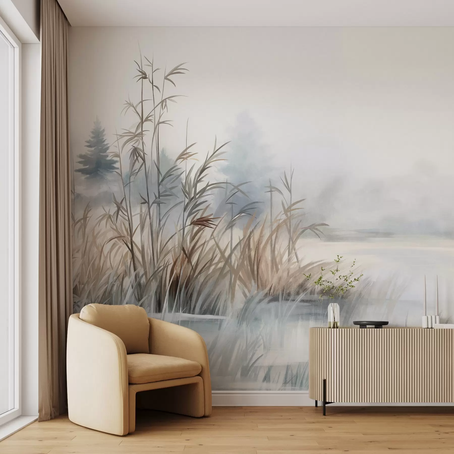 wall murals Текстурирани пејзаж језера са високим травама у првом плану, нежно плавом и смеђом бојом, мирном водом, дрвећем у даљини w09137