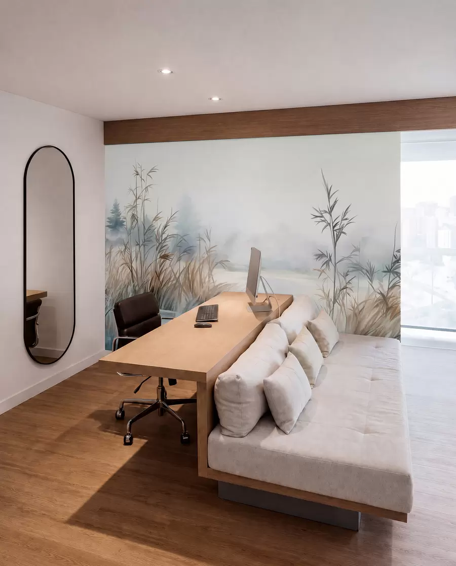 wall murals Текстурирани пејзаж језера са високим травама у првом плану, нежно плавом и смеђом бојом, мирном водом, дрвећем у даљини w09137