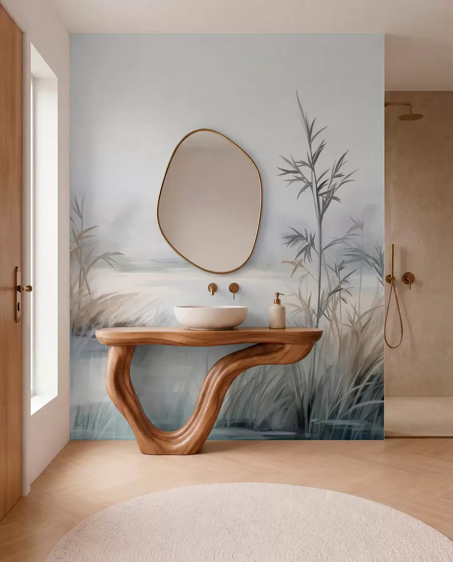 wall murals Текстурирани пејзаж језера са високим травама у првом плану, нежно плавом и смеђом бојом, мирном водом, дрвећем у даљини w09137