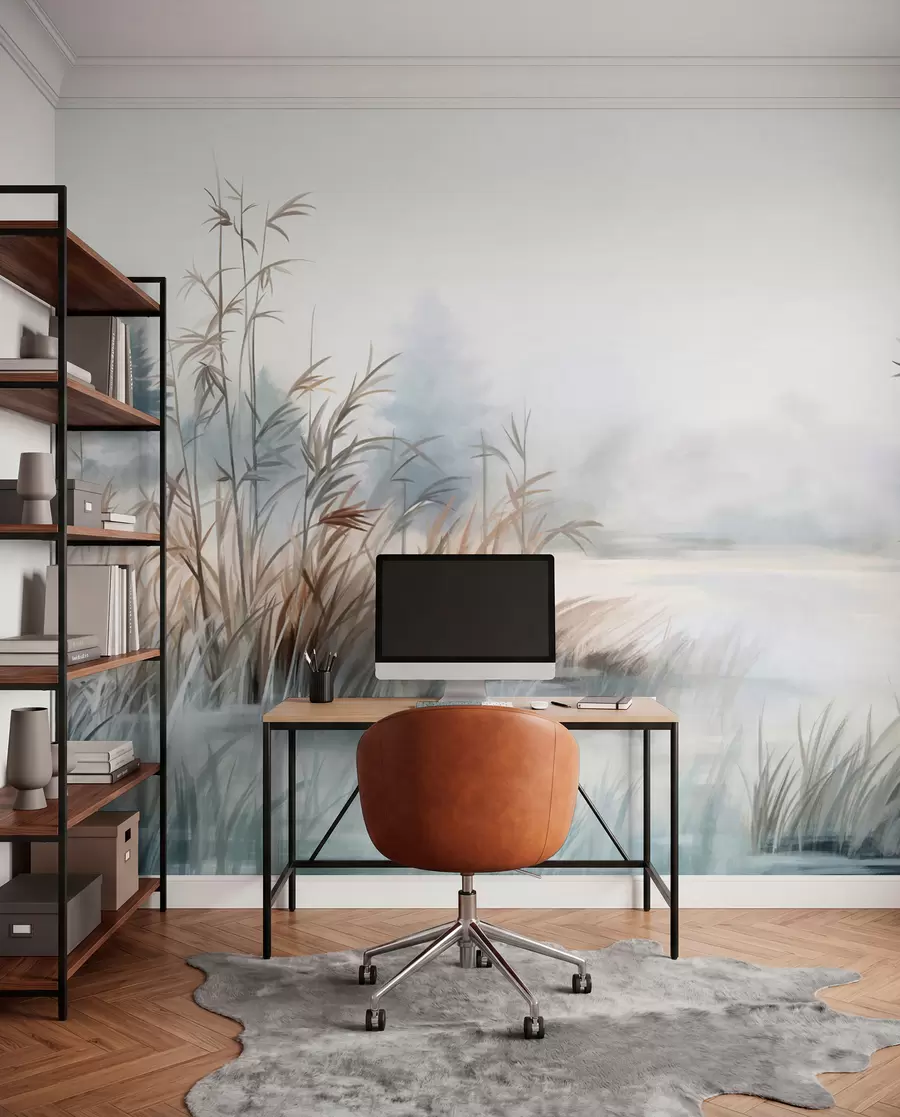 wall murals Текстурирани пејзаж језера са високим травама у првом плану, нежно плавом и смеђом бојом, мирном водом, дрвећем у даљини w09137