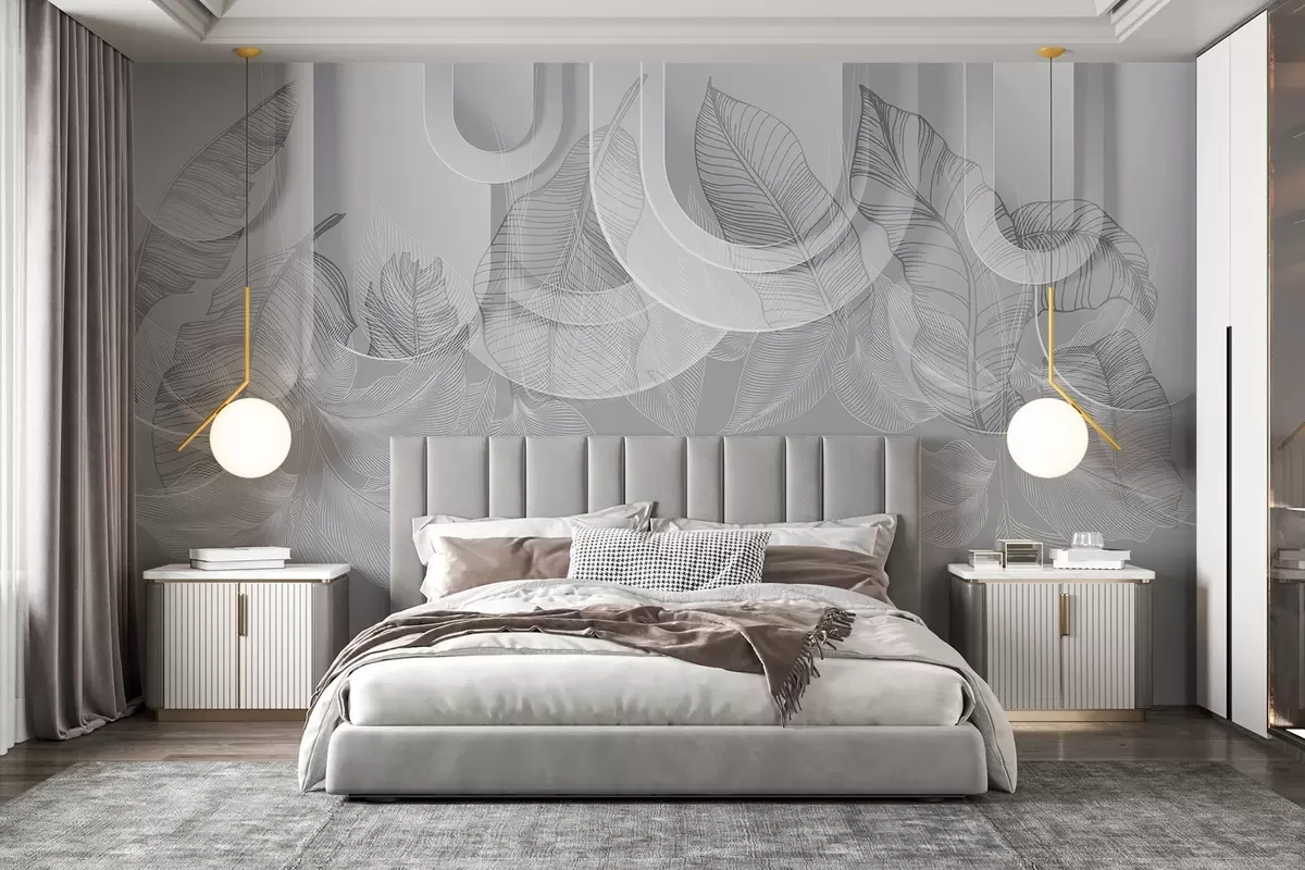 wall murals Апстрактна позадина са сивим луковима и белим тропским лишћем, минималистички дизајн, елегантан и модеран, неутрална палета боја w09138