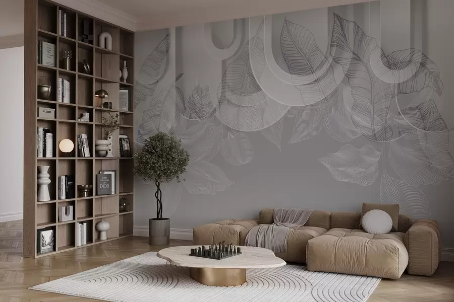 wall murals Апстрактна позадина са сивим луковима и белим тропским лишћем, минималистички дизајн, елегантан и модеран, неутрална палета боја w09138