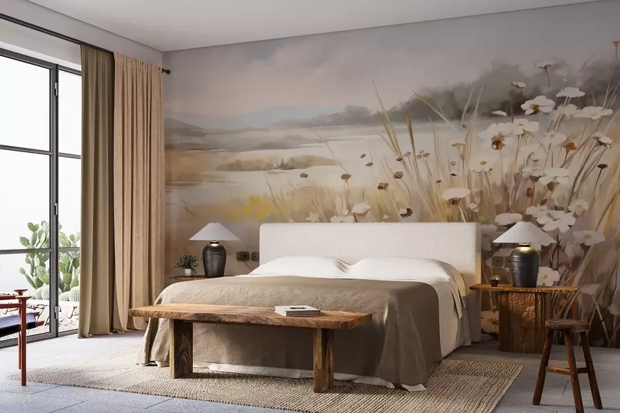 wall murals Поље високе траве и белих тратинчица, дрвеће у позадини, под облачним небом, текстурирани пејзаж, меки потези четкицом w09139