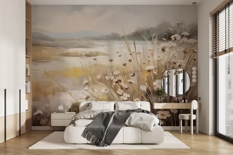 wall murals Поље високе траве и белих тратинчица, дрвеће у позадини, под облачним небом, текстурирани пејзаж, меки потези четкицом w09139