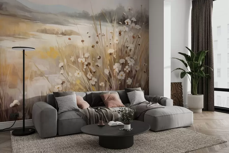 wall murals Поље високе траве и белих тратинчица, дрвеће у позадини, под облачним небом, текстурирани пејзаж, меки потези четкицом w09139