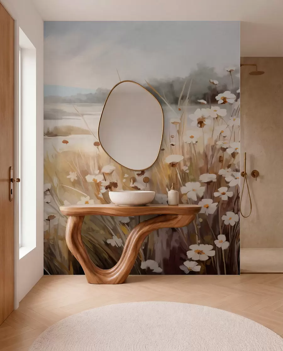 wall murals Поље високе траве и белих тратинчица, дрвеће у позадини, под облачним небом, текстурирани пејзаж, меки потези четкицом w09139
