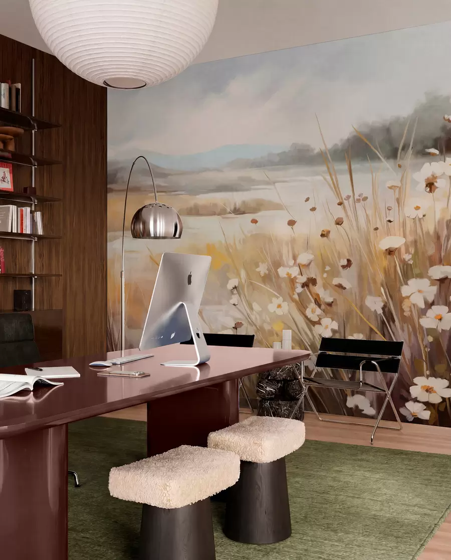 wall murals Поље високе траве и белих тратинчица, дрвеће у позадини, под облачним небом, текстурирани пејзаж, меки потези четкицом w09139