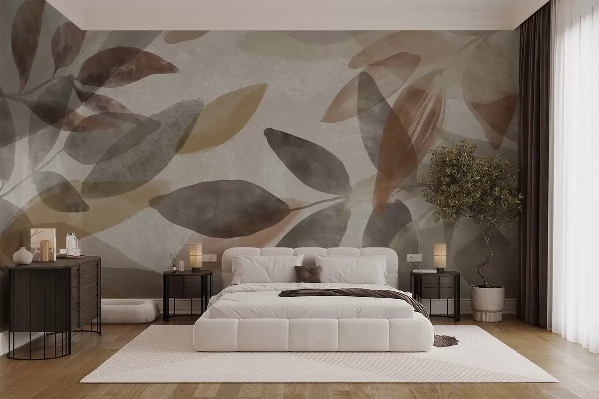 wall murals Апстрактно текстурирано лишће у пригушеним смеђим, беж и сивим тоновима, провидни облици, минималистички стил, органски облици w09140