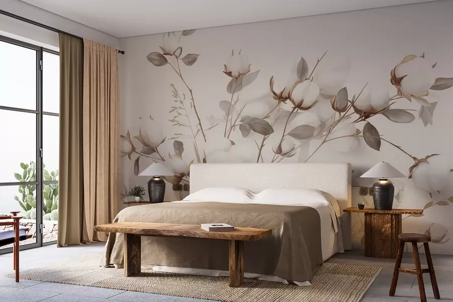 wall murals Памучно цвеће са стабљикама и листовима у светло смеђој палети боја, беж позадина, меко и нежно, акварел стил w09141