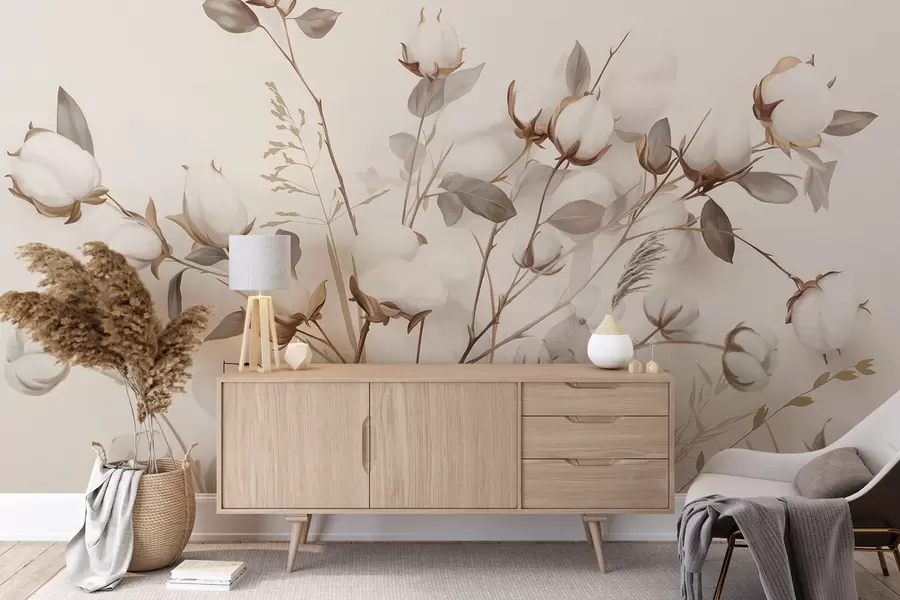 wall murals Памучно цвеће са стабљикама и листовима у светло смеђој палети боја, беж позадина, меко и нежно, акварел стил w09141