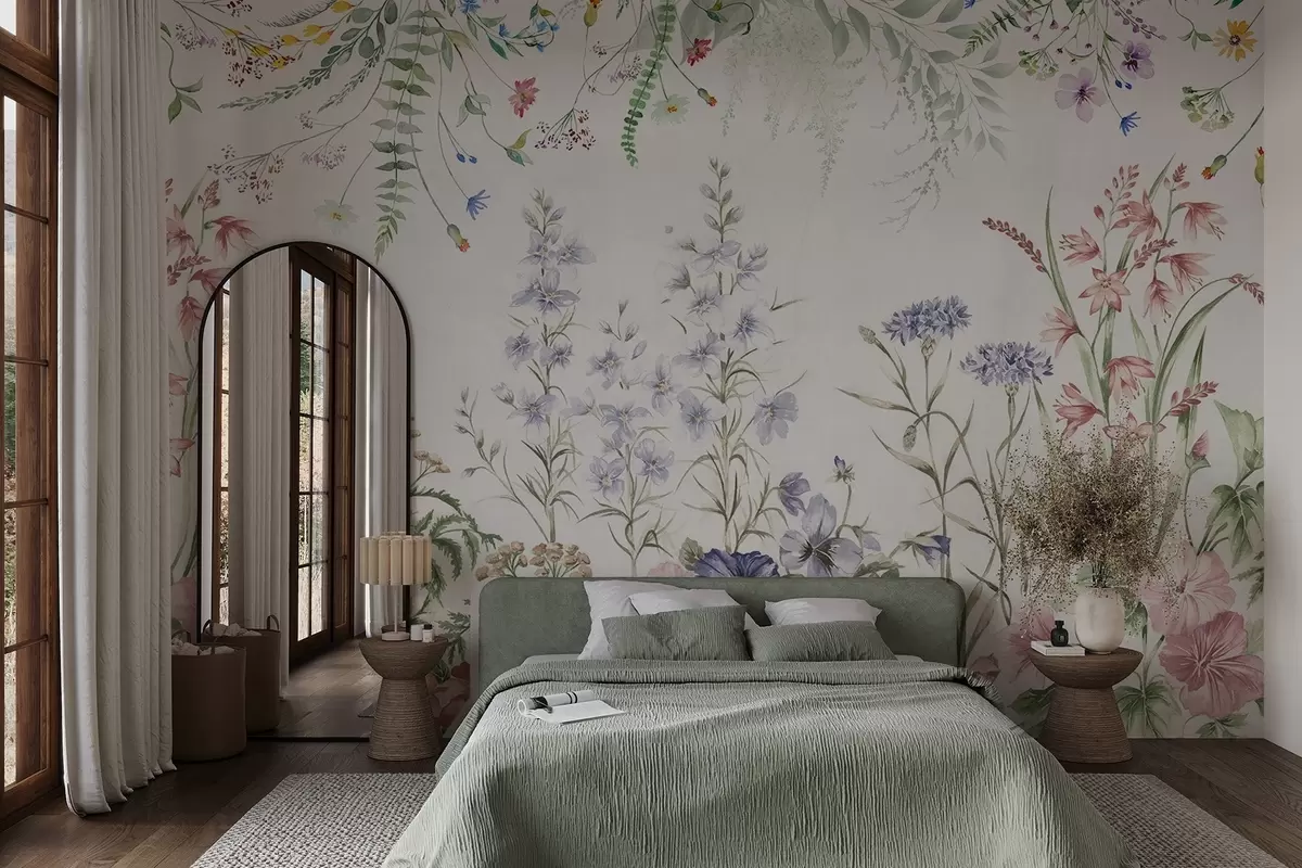 wall murals Цветни текстурни аранжман са шареним цвећем и зеленим лишћем, ботаничка илустрација, меке пастелне боје, винтаге стил w09143