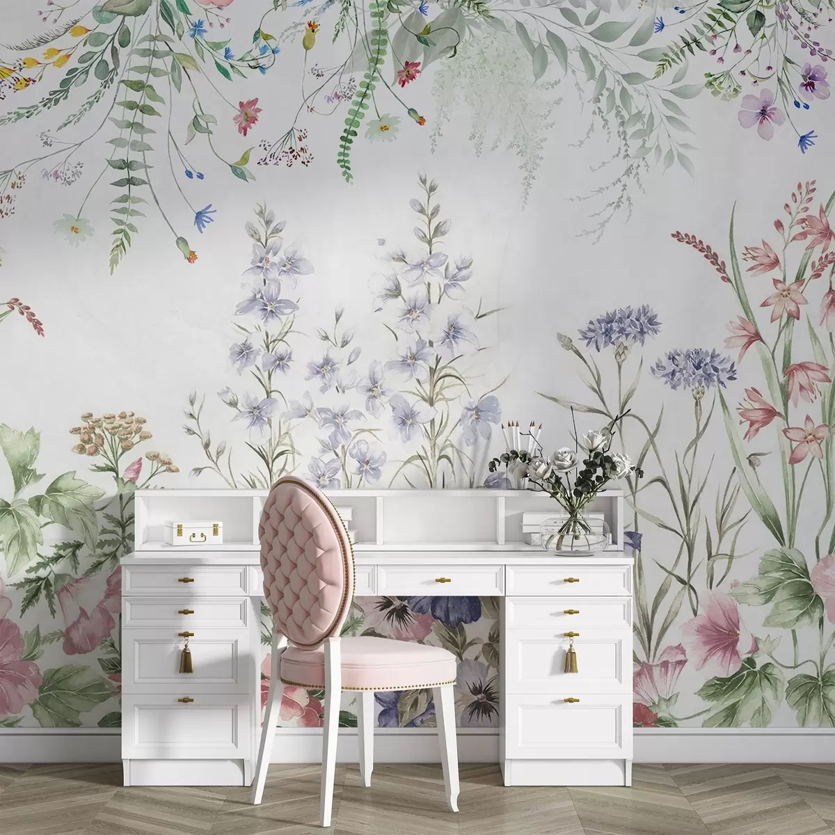 wall murals Цветни текстурни аранжман са шареним цвећем и зеленим лишћем, ботаничка илустрација, меке пастелне боје, винтаге стил w09143