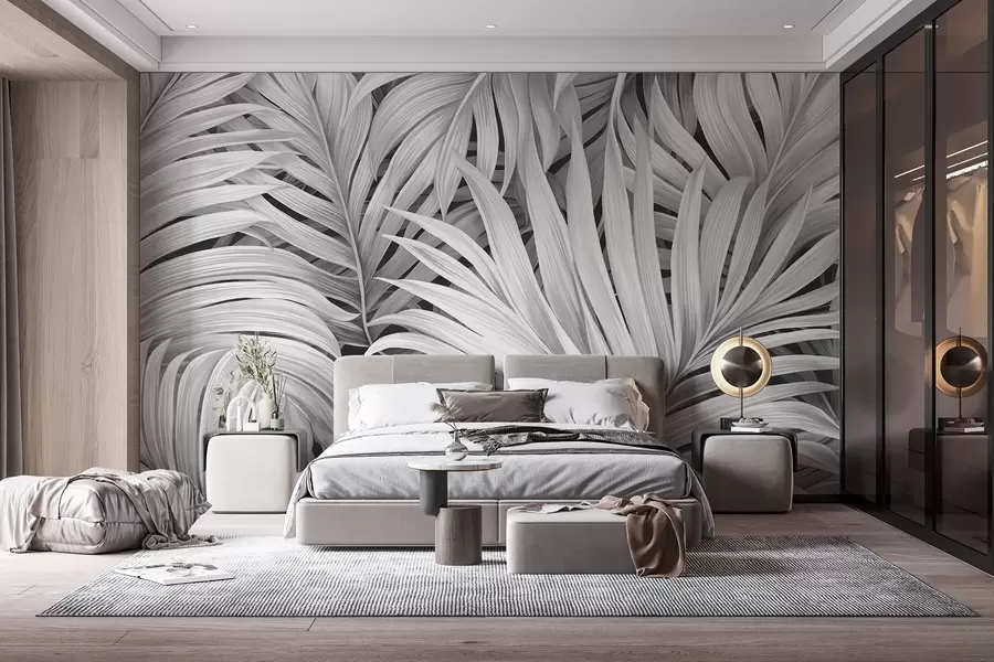 wall murals Монохромно текстурирано тропско лишће палми, стварајући тропски и ботанички отисак w09145