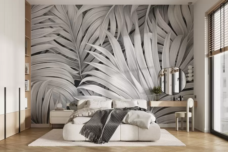 wall murals Монохромно текстурирано тропско лишће палми, стварајући тропски и ботанички отисак w09145