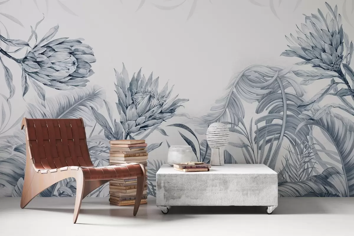 wall murals Протеа међу тропским лишћем, зелене нијансе w03952v2