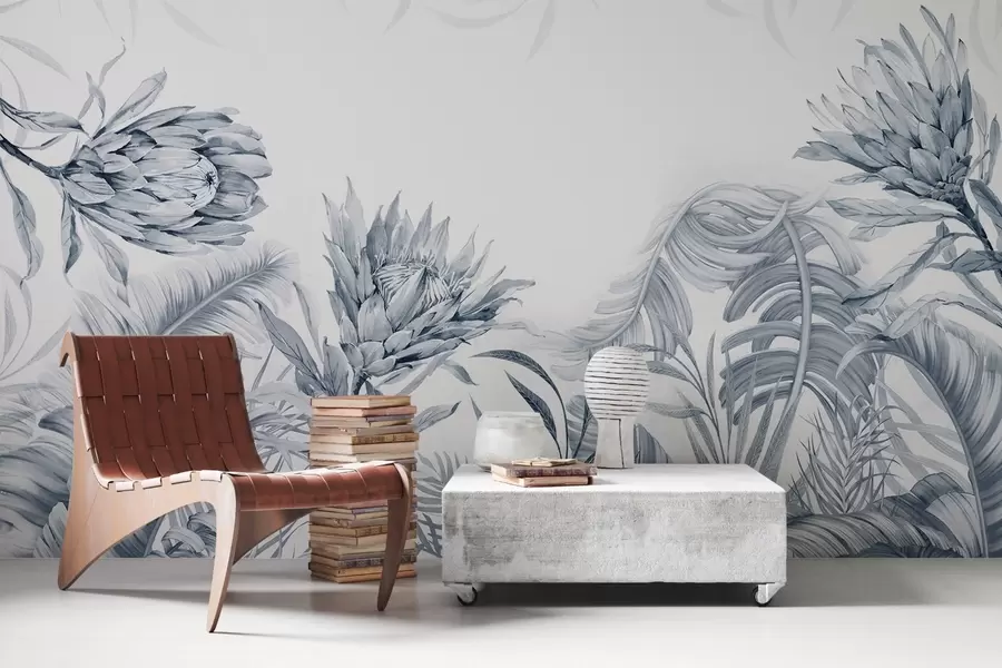 wall murals Протеа међу тропским лишћем, зелене нијансе w03952v2