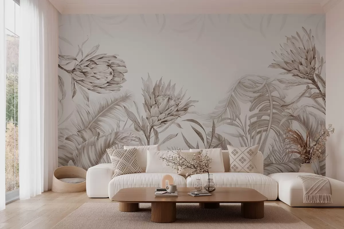 wall murals Протеа међу тропским лишћем, беж нијансе w03952