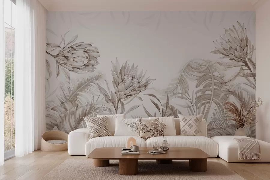 wall murals Протеа међу тропским лишћем, беж нијансе w03952