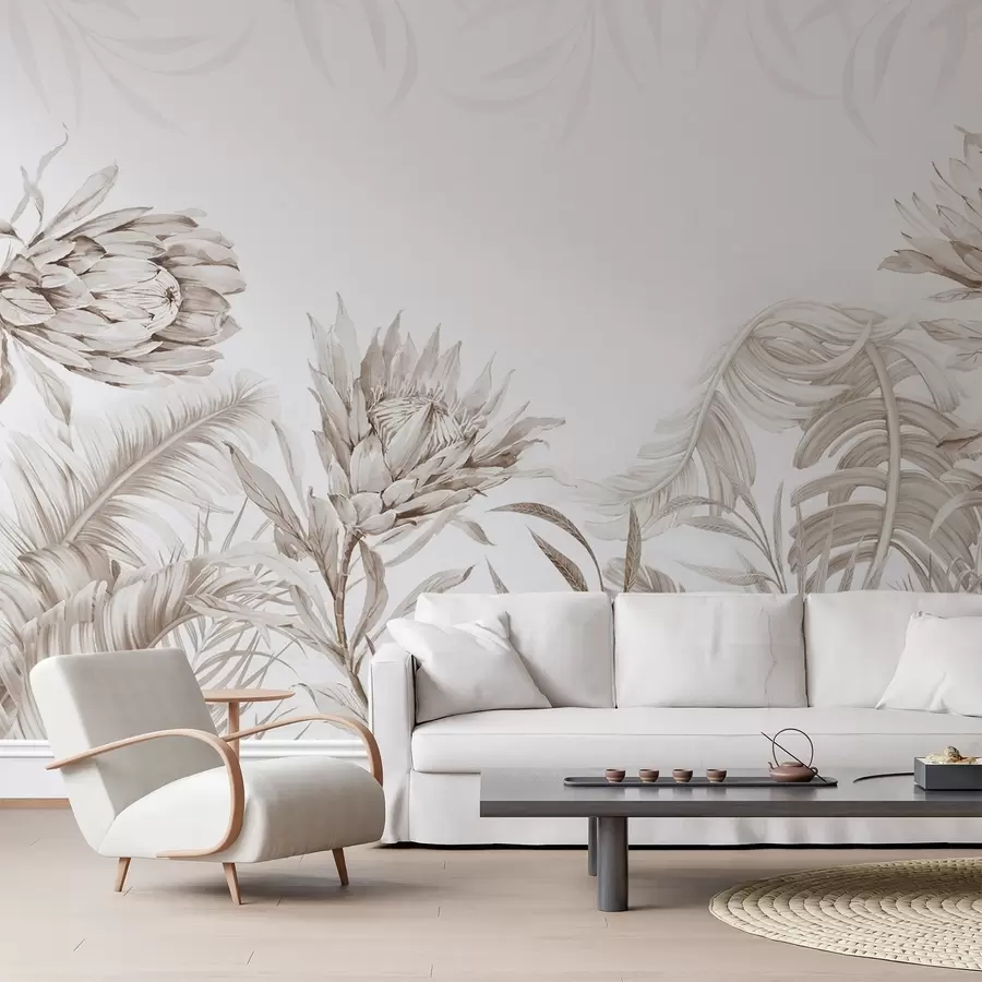 wall murals Протеа међу тропским лишћем, беж нијансе w03952
