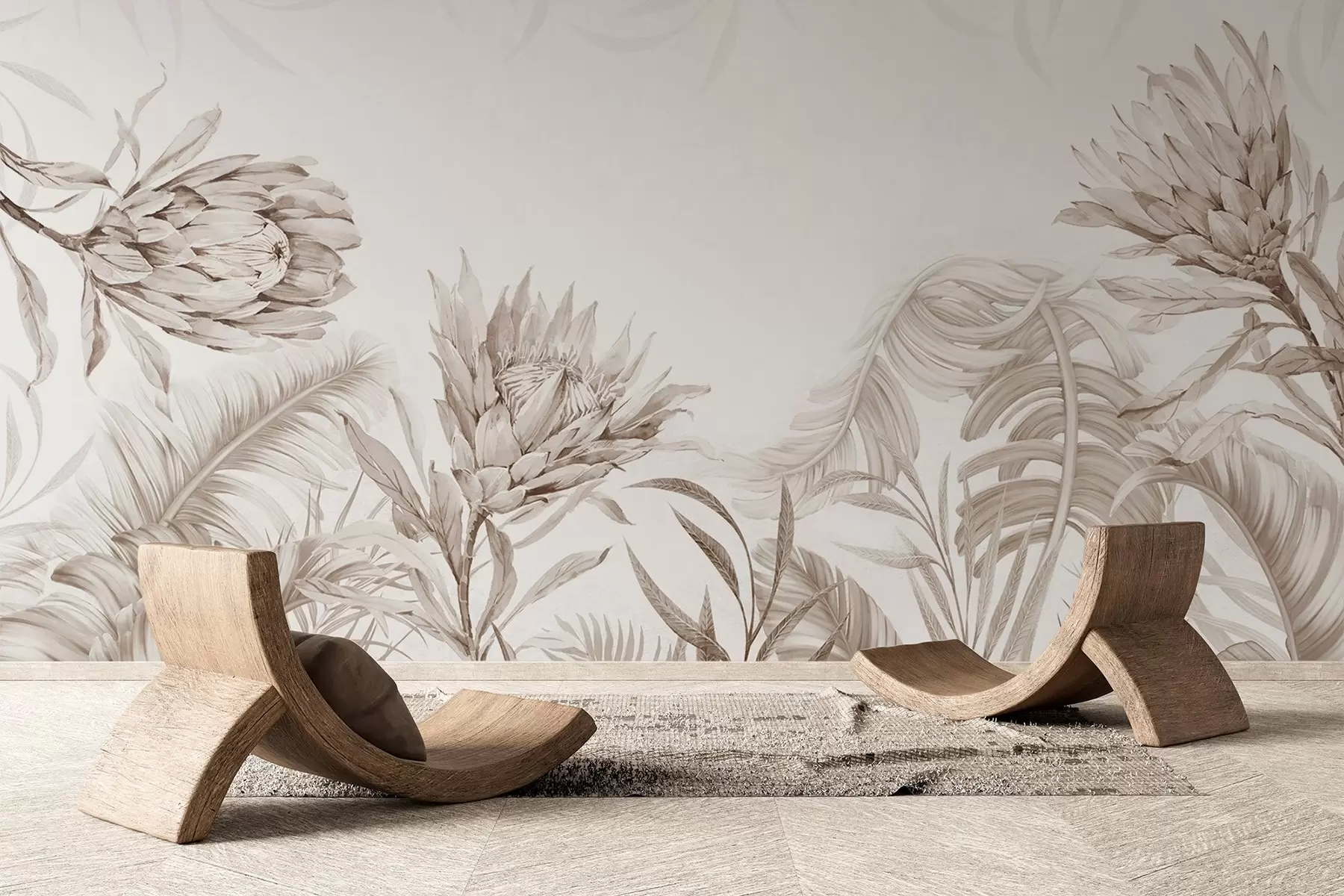 wall murals Протеа међу тропским лишћем, беж нијансе w03952