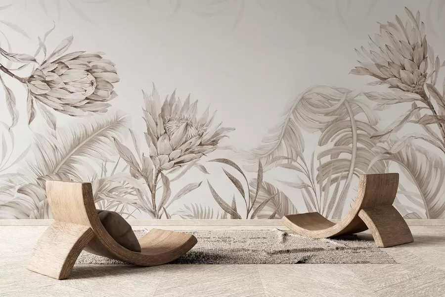 wall murals Протеа међу тропским лишћем, беж нијансе w03952