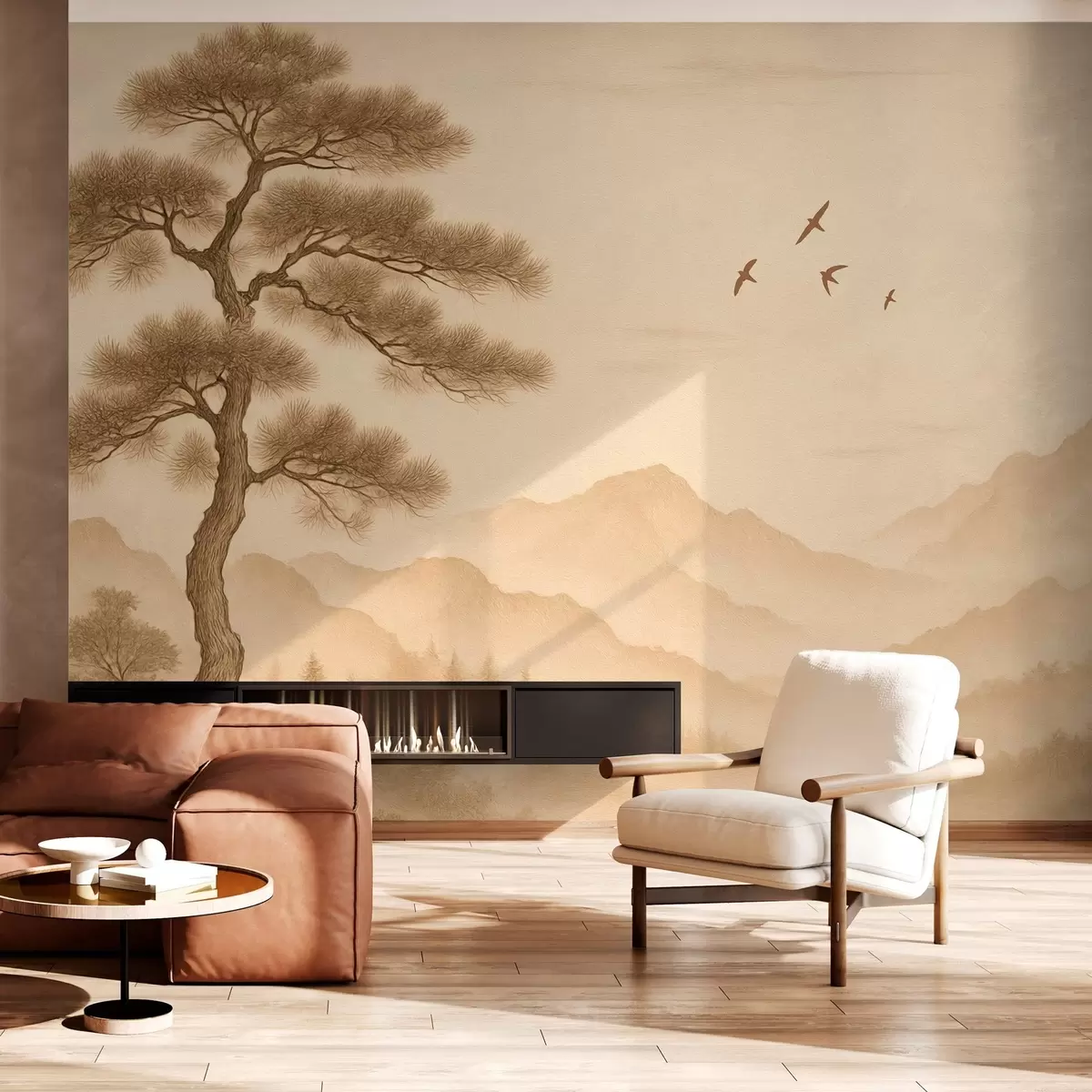 wall murals Панорама брда са великим дрветом у сепија стилу w04033