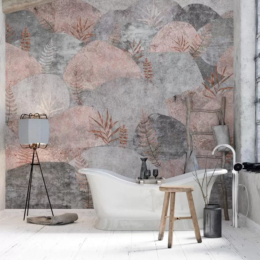 wall murals Камење са биљкама, папрат, нордијски, рустични стил, сиве и ружичасте боје w04064v1