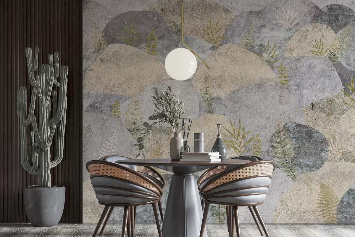 wall murals Камење са биљкама, папрат, нордијски, рустични стил, сиве и пешчане боје w04064