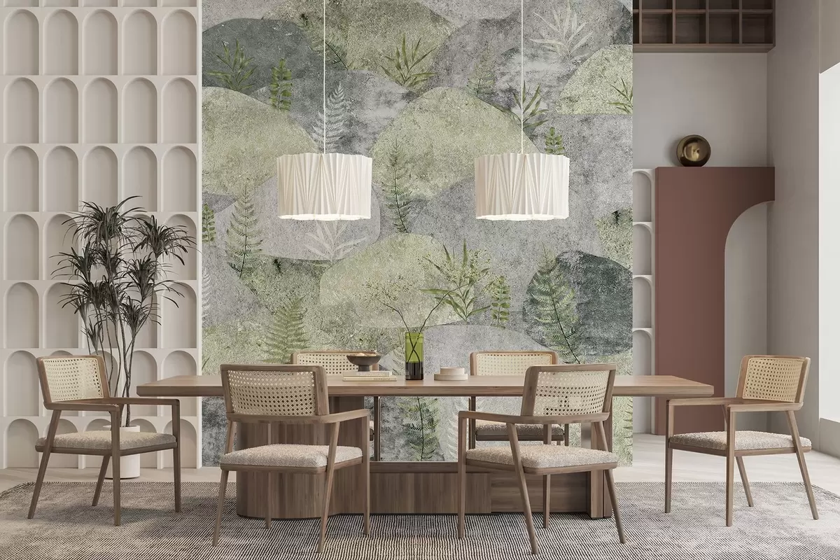 wall murals Камење са биљкама, папрат, нордијски, рустични стил, сиве и зелене боје w04064v2