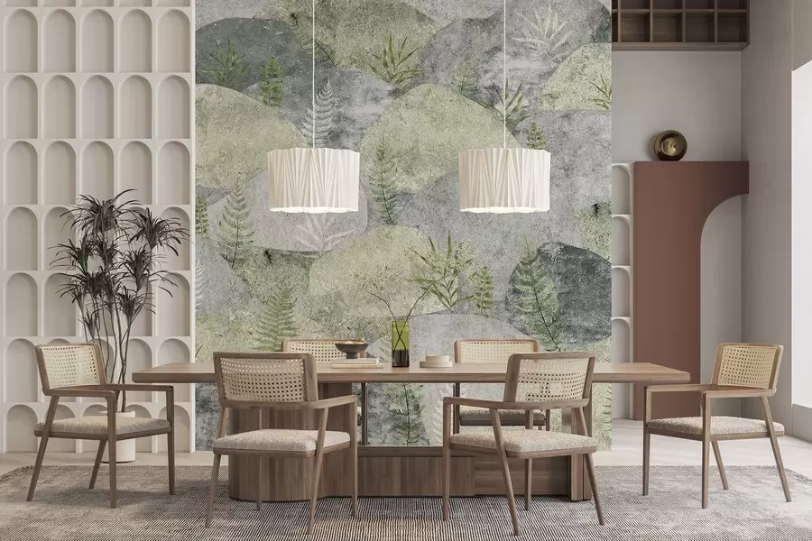wall murals Камење са биљкама, папрат, нордијски, рустични стил, сиве и зелене боје w04064v2