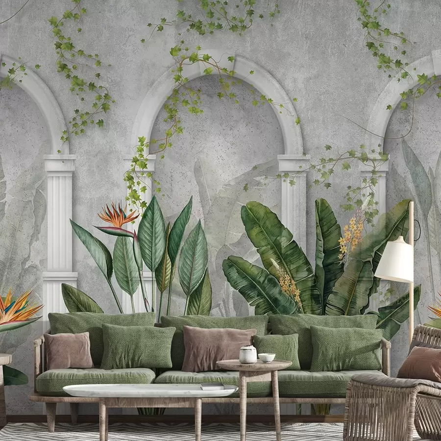 wall murals Бетонски зид са луковима и тропским биљкама, цветним, природним бојама w04065